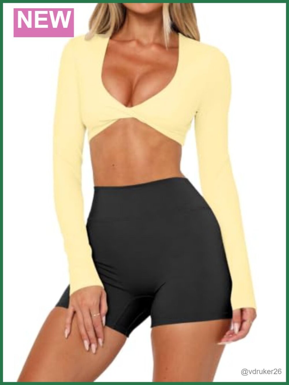 Long Sleeve Crop Workout Top Double Lined Twist Deep V Neck Yoga Tee